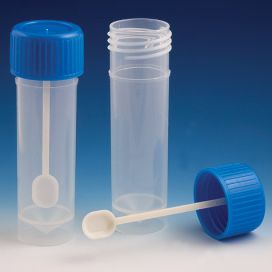 Container, Fecal, 30mL, Attached Screw Cap with Spoon, PP, Conical Bottom, Self-Standing