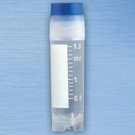 CryoClear Vials, 2.0mL, STERILE, Blue Cap, External Threads, Attached Screwcap with Co-Molded Thermoplastic Elastomer (TPE) Sealing Layer, Round Bottom, Self-Standing, Printed Graduations, Writing Space and Barcode