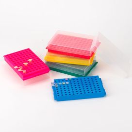 Reversible Rack with Cover for Microcentrifuge Tubes, 96-Place for 1.5mL and 2.0mL and Reverse Side is 96-Place for 0.2mL and 0.5mL Tubes, Blue