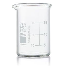 20mL Beaker, Globe Glass, Low Form Griffin Style, 12/Box, 48/Case