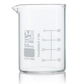 50mL Beaker, Globe Glass, Low Form Griffin Style, 12/Box, 48/Case