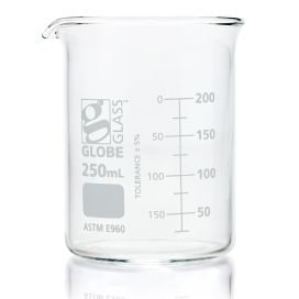 250mL Beaker, Globe Glass, Low Form Griffin Style, 12/Box, 48/Case