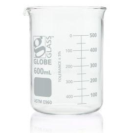 600mL Beaker, Globe Glass, Low Form Griffin Style, 6/Box, 36/Case