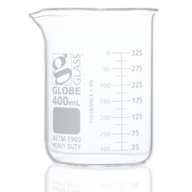 400mL Beaker, Globe Glass, Low Form Griffin Style, Heavy Duty, Dual Graduations, 12/Pack