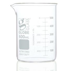 600mL Beaker, Globe Glass, Low Form Griffin Style, Heavy Duty, Dual Graduations, 6/Pack