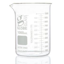 1000mL Beaker, Globe Glass, Low Form Griffin Style, Heavy Duty, Dual Graduations, 6/Pack