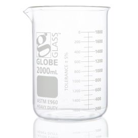 2000mL Beaker, Globe Glass, Low Form Griffin Style, Heavy Duty, Dual Graduations, 4/Pack