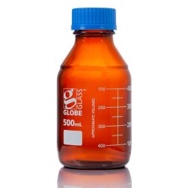 500mL Amber Media Bottle, Globe Glass, GL45 Screw Cap, Dual Graduations, 10/Pack