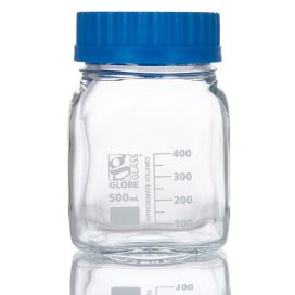 500mL Square Media Bottle, Wide Mouth, Globe Glass, GL80 Screw Cap, Dual Graduations, 10/Pack