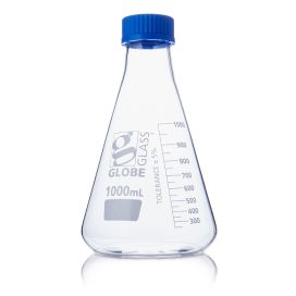 1000mL Erlenmeyer Flask, Globe Glass, Screw Cap, 4/Box