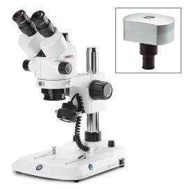 Trinocular stereo zoom microscope Stereo, Blue, 0.7x to 4.5x zoom obj., w/camera